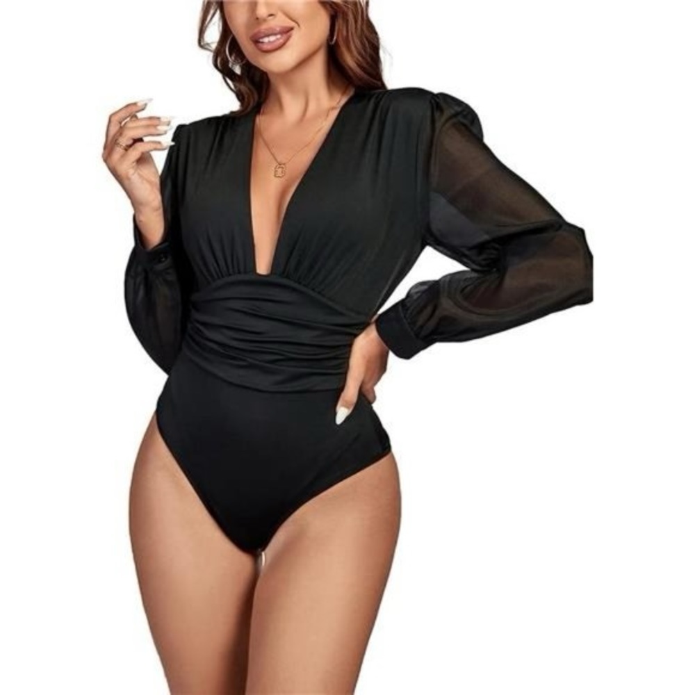 LYANER Deep V Neck Pleated Ruched Sheer Puff Long Sleeve Bodysuit
